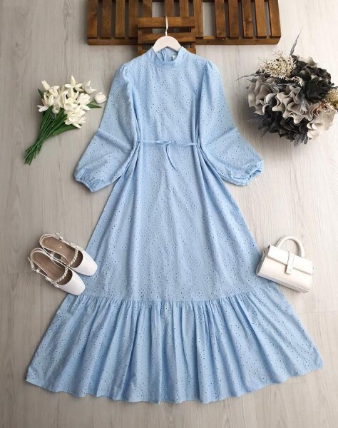 ONLS HAKİM YAKA ALTI FIRFIRLI ASTARLI BRODE ELBİSE B6-3-2420-10-MAVİ - 1