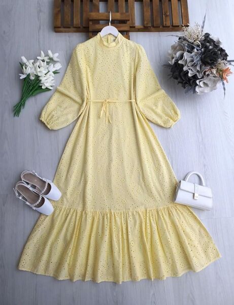 ONLS HAKİM YAKA ALTI FIRFIRLI ASTARLI BRODE ELBİSE B6-3-2420-23-SARI - 1