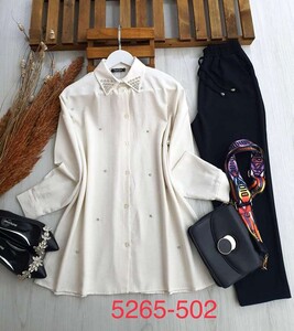 ONNA TAŞLI VE İNCİLİ OVERSİZE KETEN GÖMLEK C6-5265-502-ÖN VE YAPRAK TAŞ - 