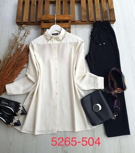 ONNA TAŞLI VE İNCİLİ OVERSİZE KETEN GÖMLEK C6-5265-504-YAKA TAŞ - 