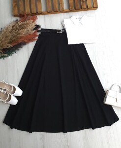 OPAYA KUP DİKİŞLİ DERİ KEMERLİ BEL YANDAN FERMUARLI POLİVİSKON ETEK B5-2-6099-01-SİYAH - 1