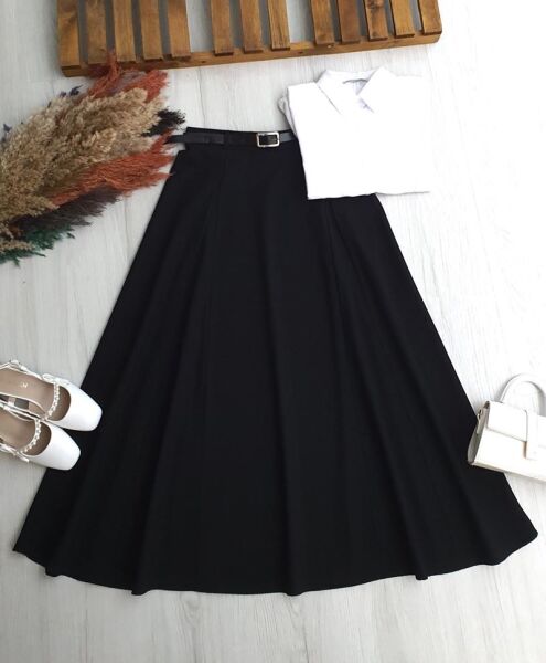 OPAYA KUP DİKİŞLİ DERİ KEMERLİ BEL YANDAN FERMUARLI POLİVİSKON ETEK B5-2-6099-01-SİYAH - 1