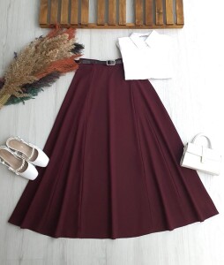 OPAYA KUP DİKİŞLİ DERİ KEMERLİ BEL YANDAN FERMUARLI POLİVİSKON ETEK B5-2-6099-04-BORDO - 