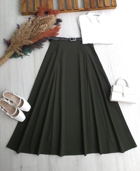 OPAYA KUP DİKİŞLİ DERİ KEMERLİ BEL YANDAN FERMUARLI POLİVİSKON ETEK B5-2-6099-09-HAKİ - 1