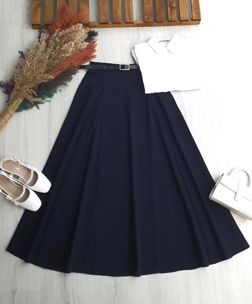 OPAYA KUP DİKİŞLİ DERİ KEMERLİ BEL YANDAN FERMUARLI POLİVİSKON ETEK B5-2-6099-12-LACİVERT - 1