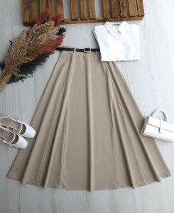 OPAYA KUP DİKİŞLİ DERİ KEMERLİ BEL YANDAN FERMUARLI POLİVİSKON ETEK B5-2-6099-34-BEJ - 