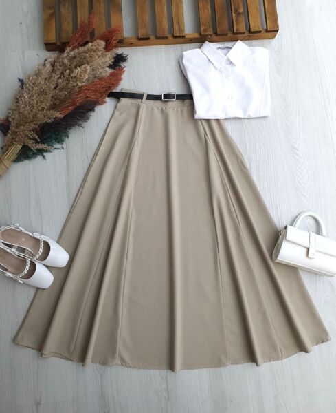 OPAYA KUP DİKİŞLİ DERİ KEMERLİ BEL YANDAN FERMUARLI POLİVİSKON ETEK B5-2-6099-34-BEJ - 1