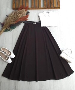 OPAYA KUP DİKİŞLİ DERİ KEMERLİ BEL YANDAN FERMUARLI POLİVİSKON ETEK B6-2-6099-37-KAHVE - 1