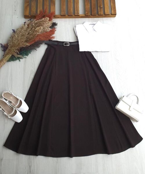 OPAYA KUP DİKİŞLİ DERİ KEMERLİ BEL YANDAN FERMUARLI POLİVİSKON ETEK B6-2-6099-37-KAHVE - 1