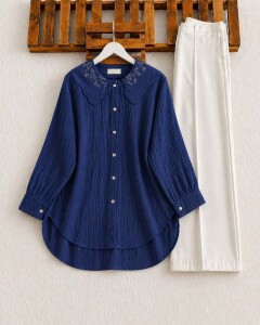 OPHA İŞLEMELİ TÜL YAKA GÖMLEK TUNİK A6-2-5685-12-LACİVERT 