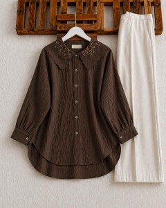 OPHA İŞLEMELİ TÜL YAKA GÖMLEK TUNİK A6-2-5685-37-KAHVE 