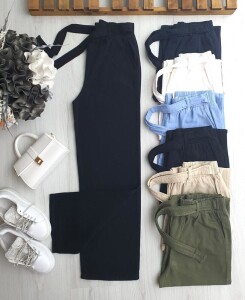 OSE BELİ LASTİKLİ KENDİNDEN KEMERLİ KETEN BOL PAÇA PANTOLON 6078-01-SİYAH - 