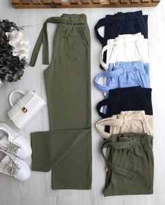OSE BELİ LASTİKLİ KENDİNDEN KEMERLİ KETEN BOL PAÇA PANTOLON 6078-09-HAKİ - 