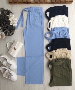OSE BELİ LASTİKLİ KENDİNDEN KEMERLİ KETEN BOL PAÇA PANTOLON 6078-10-MAVİ - 