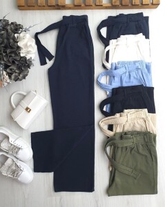OSE BELİ LASTİKLİ KENDİNDEN KEMERLİ KETEN BOL PAÇA PANTOLON A6-6-6078-12-LACİVERT - 