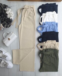 OSE BELİ LASTİKLİ KENDİNDEN KEMERLİ KETEN BOL PAÇA PANTOLON A6-6-6078-34-BEJ - 