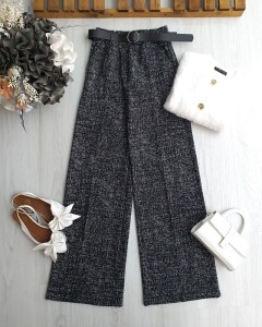 OSTE DERİ KEMERLİ BELİ LASTİKLİ BALIKSIRTI PANTOLON 6084-01-SİYAH - 