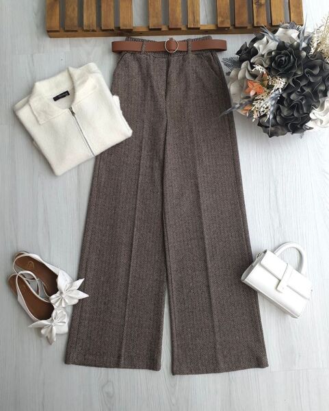 OSTE DERİ KEMERLİ BELİ LASTİKLİ BALIKSIRTI PANTOLON B9-3-6084-34-BEJ - 1