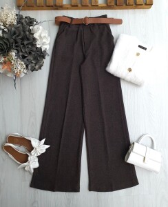 OSTE DERİ KEMERLİ BELİ LASTİKLİ BALIKSIRTI PANTOLON 6084-37-KAHVE - 