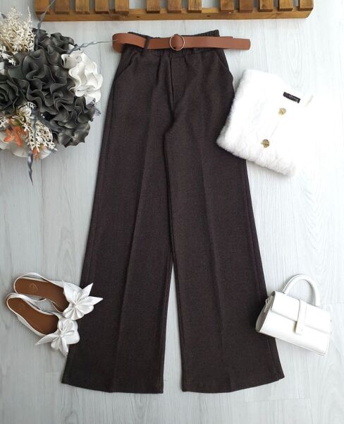 OSTE DERİ KEMERLİ BELİ LASTİKLİ BALIKSIRTI PANTOLON B9-3-6084-37-KAHVE - 1