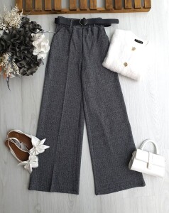 OSTE DERİ KEMERLİ BELİ LASTİKLİ BALIKSIRTI PANTOLON B9-3-6084-58-FÜME - 1