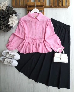OSYA FIRFIRLI BELİ İPLİ GÖMLEK 5548-47-PEMBE - 