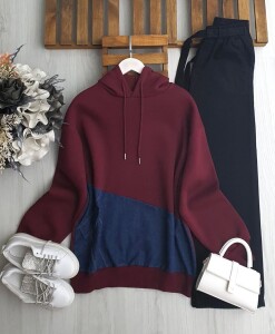 OVLE KOT PARÇALI KAPŞONLU ÜÇ İPLİK TUNİK A9-5-5634-04-BORDO - 