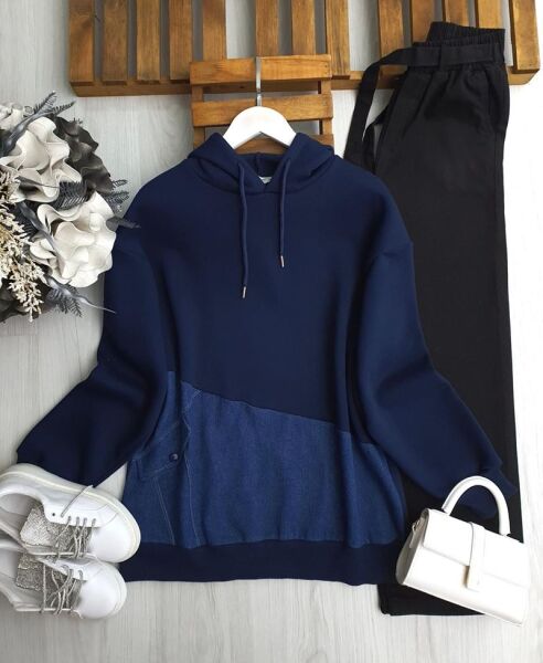 OVLE KOT PARÇALI KAPŞONLU ÜÇ İPLİK TUNİK A9-5-5634-12-LACİVERT - 1