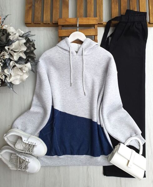 OVLE KOT PARÇALI KAPŞONLU ÜÇ İPLİK TUNİK A9-5-5634-26-GRİ - 1