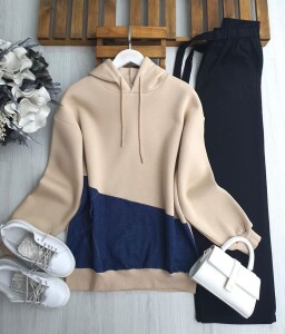 OVLE KOT PARÇALI KAPŞONLU ÜÇ İPLİK TUNİK A9-5-5634-34-BEJ - 