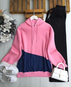 OVLE KOT PARÇALI KAPŞONLU ÜÇ İPLİK TUNİK A9-5-5634-47-PEMBE - 