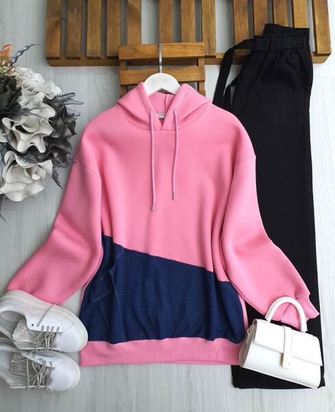 OVLE KOT PARÇALI KAPŞONLU ÜÇ İPLİK TUNİK A9-5-5634-47-PEMBE - 1