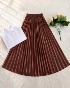 OVSA SIKI PİLİSELİ BELİ LASTİKLİ ETEK C12-6037-66-KOYU KAHVE - 