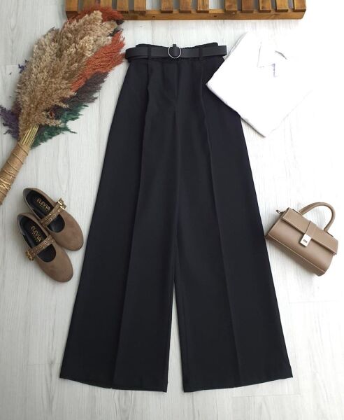 OWAV DERİ KEMERLİ BELİ ARKADAN LASTİKLİ BOL PANTOLON 6102-01-SİYAH - 1