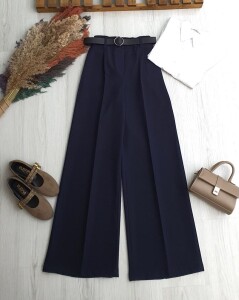 OWAV DERİ KEMERLİ BELİ ARKADAN LASTİKLİ BOL PANTOLON 6102-12-LACİVERT - 