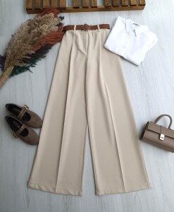 OWAV DERİ KEMERLİ BELİ ARKADAN LASTİKLİ BOL PANTOLON 6102-34-BEJ - 