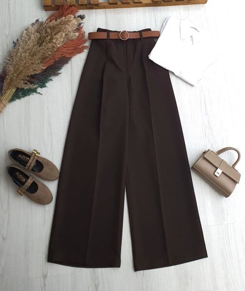 OWAV DERİ KEMERLİ BELİ ARKADAN LASTİKLİ BOL PANTOLON 6102-37-KAHVE - 1