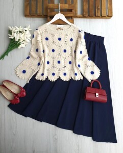 OYDES PAPATYA İŞLEMELİ DANTEL ÖRGÜ BLUZ 8202-10-MAVİ - 1