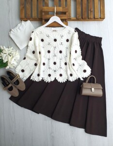 OYDES PAPATYA İŞLEMELİ DANTEL ÖRGÜ BLUZ 8202-20-BEYAZ - 1