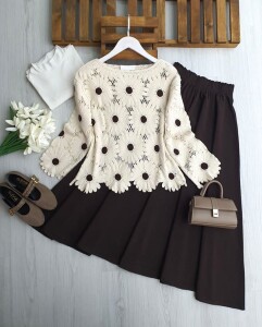 OYDES PAPATYA İŞLEMELİ DANTEL ÖRGÜ BLUZ 8202-34-BEJ - 1