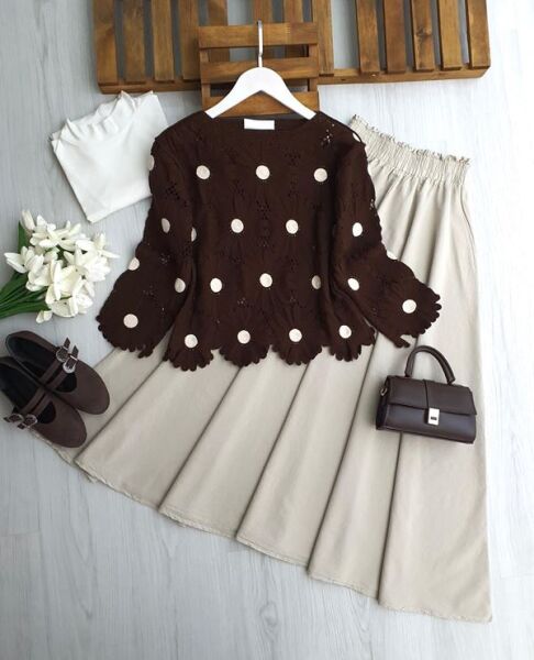 OYDES PAPATYA İŞLEMELİ DANTEL ÖRGÜ BLUZ 8202-37-KAHVE - 1