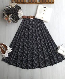 OYFE DERİ KEMERLİ BEL YANDAN FERMUARLI EKOSE KİLOŞ ETEK B7-3-6086-01-SİYAH - 1