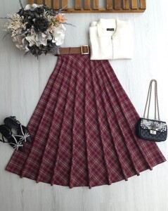 OYFE DERİ KEMERLİ BEL YANDAN FERMUARLI EKOSE KİLOŞ ETEK B7-1-6086-04-BORDO - 