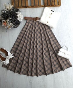 OYFE DERİ KEMERLİ BEL YANDAN FERMUARLI EKOSE KİLOŞ ETEK B7-1-6086-25-VİZON - 