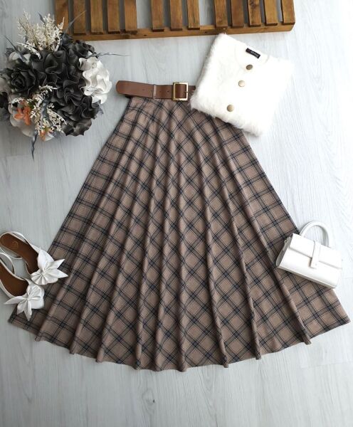 OYFE DERİ KEMERLİ BEL YANDAN FERMUARLI EKOSE KİLOŞ ETEK B7-1-6086-25-VİZON - 1