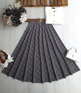 OYFE DERİ KEMERLİ BEL YANDAN FERMUARLI EKOSE KİLOŞ ETEK B7-1-6086-26-GRİ - 