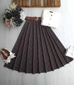 OYFE DERİ KEMERLİ BEL YANDAN FERMUARLI EKOSE KİLOŞ ETEK B7-1-6086-37-KAHVE - 