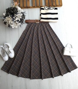 OYFE DERİ KEMERLİ BEL YANDAN FERMUARLI EKOSE KİLOŞ ETEK B7-3-6086-37-KAHVE - 1