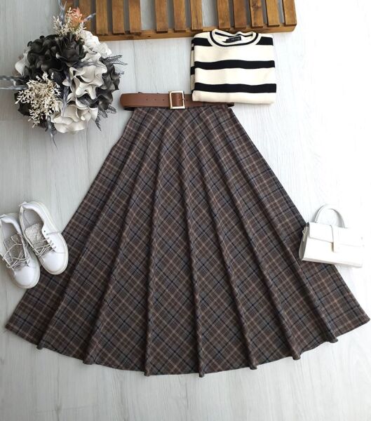 OYFE DERİ KEMERLİ BEL YANDAN FERMUARLI EKOSE KİLOŞ ETEK B7-3-6086-37-KAHVE - 1