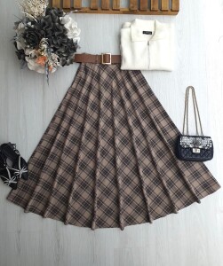 OYFE DERİ KEMERLİ BEL YANDAN FERMUARLI EKOSE KİLOŞ ETEK B7-1-6086-48-BİSKÜVİ - 